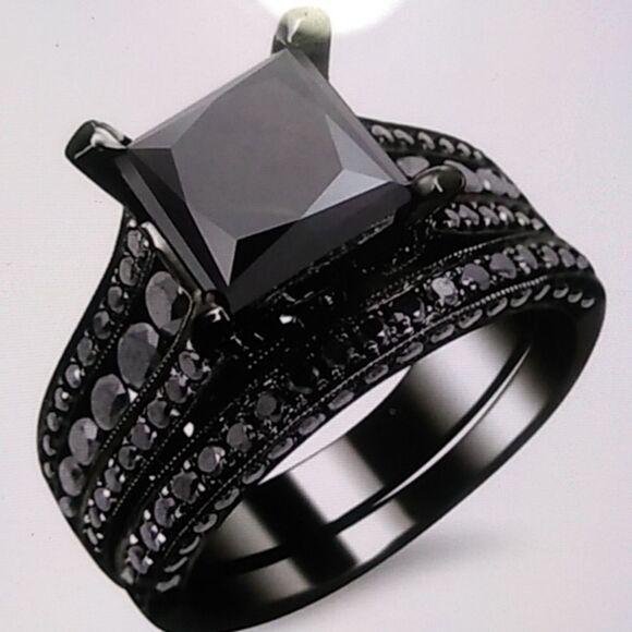 ✨Stunning Simulated Black Sapphire 2 pcs Wedding Eternity Band Ring Set 💍✨ - Picture 1 of 12